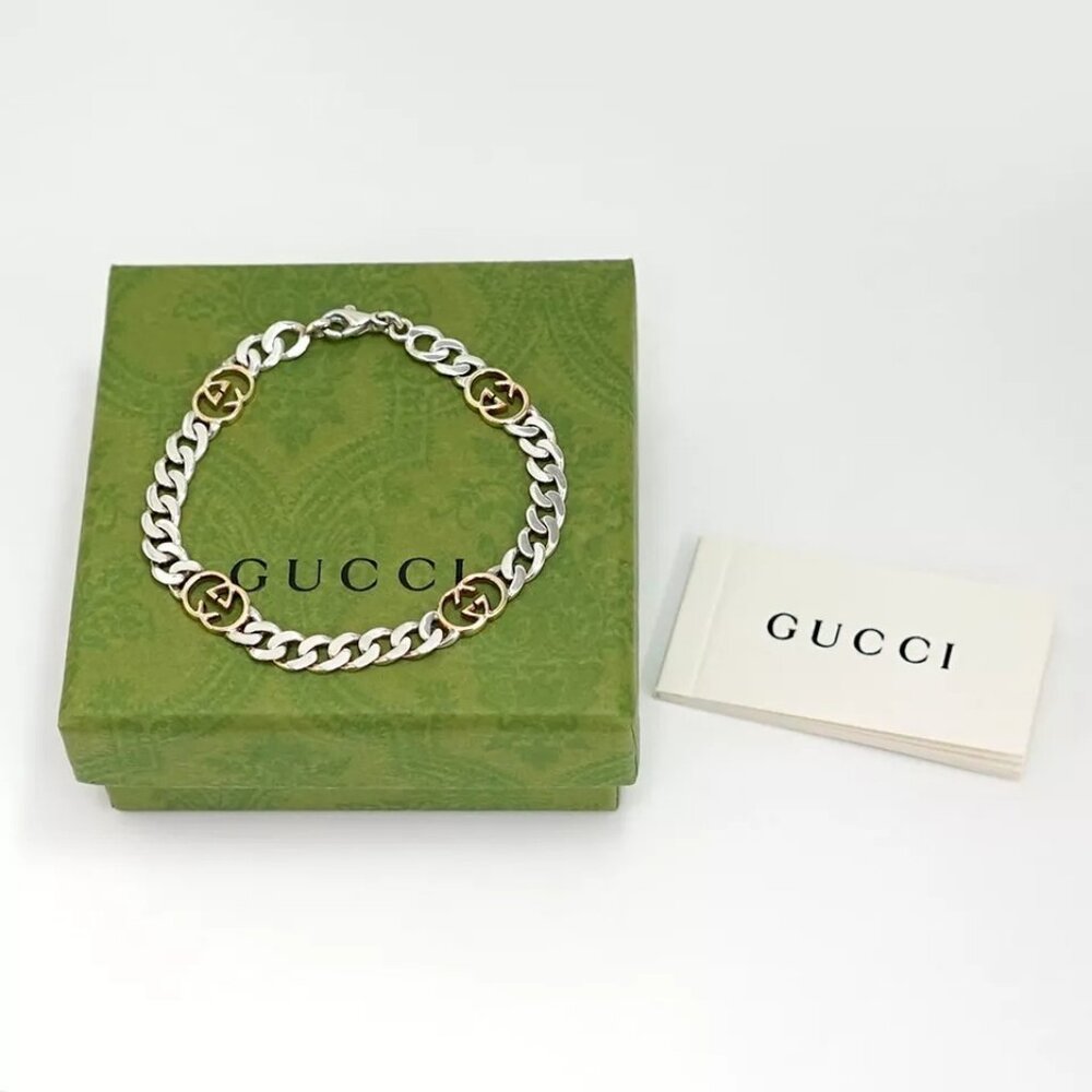 GUCCI Interlocking G Chain Bracelet 7" Silver 925 & 18K Yellow Gold Auth w/Box